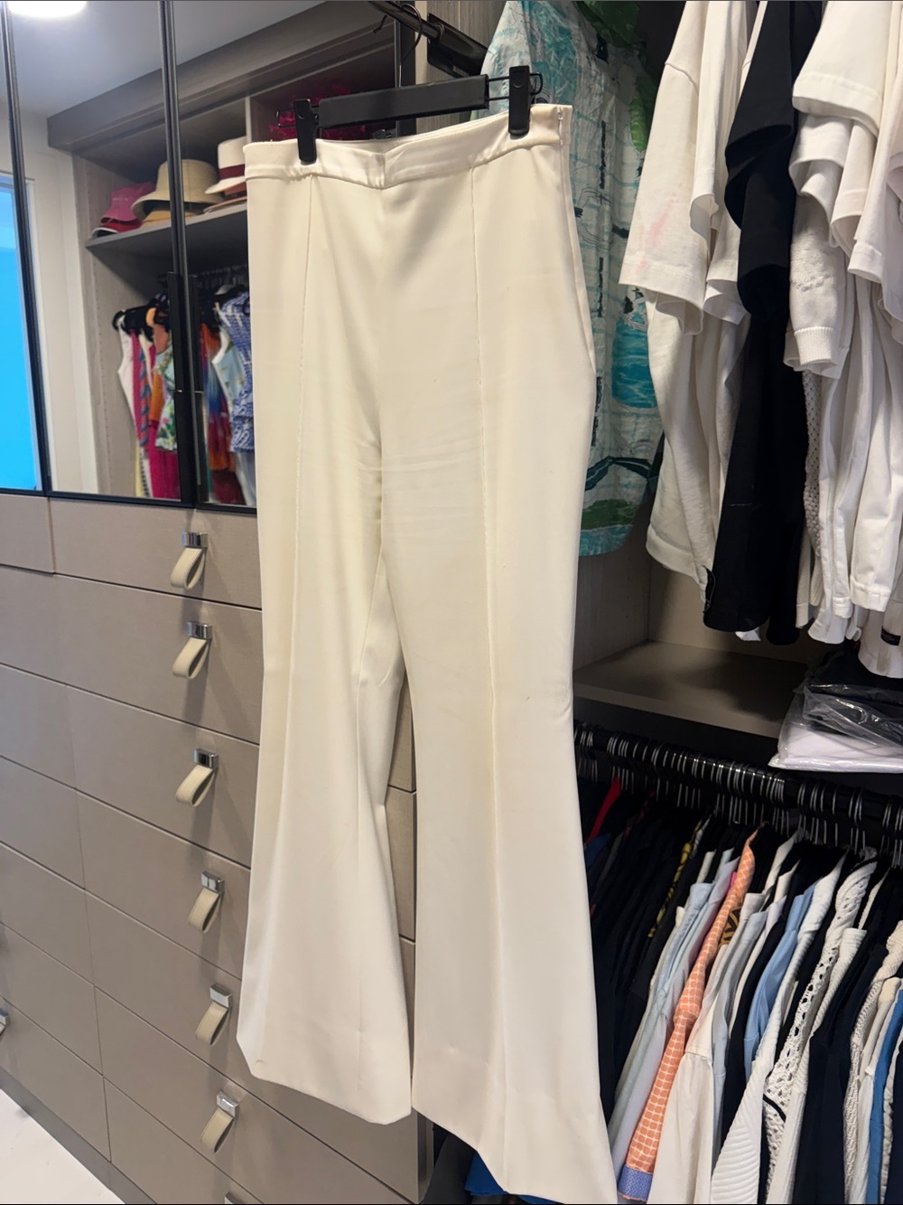 NADINE MERABI Cream High-Waist Flared Trousers